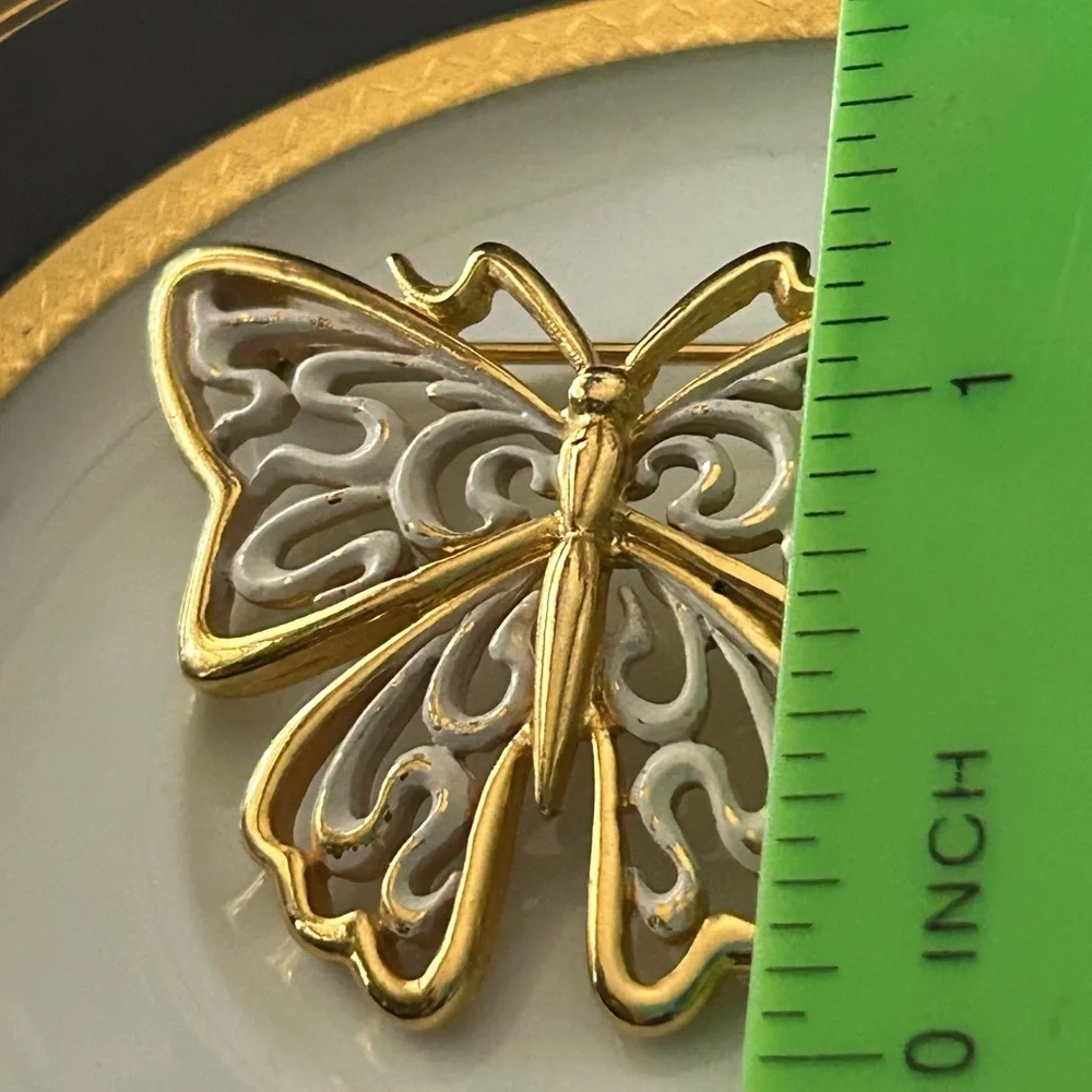Vintage Butterfly Brooch Gold Tone With White Enamel